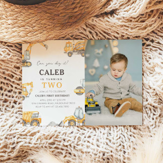 Construction Truck 2nd Birthday Photo Invitation