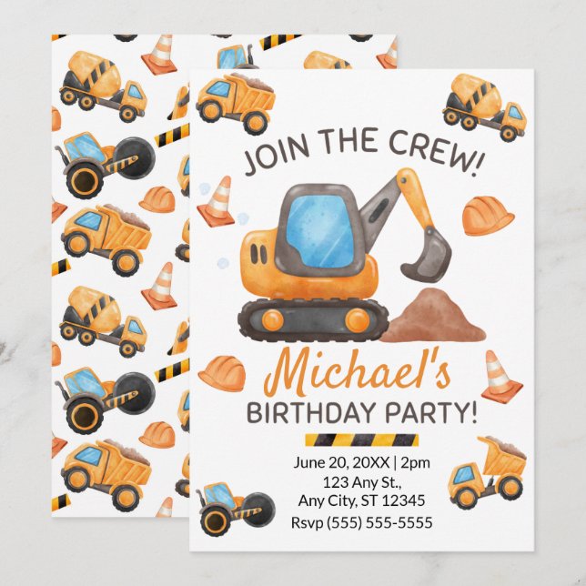 Construction Truck Birthday Invitation (Devant / Derrière)