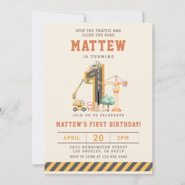 Construction Vehicles 1st Birthday Invitation (Devant)
