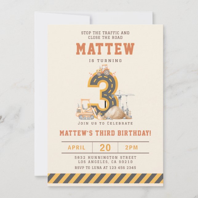 Construction Vehicles 3rd Birthday Invitation (Devant)