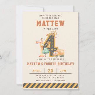 Construction Vehicles 4th Birthday Invitation
