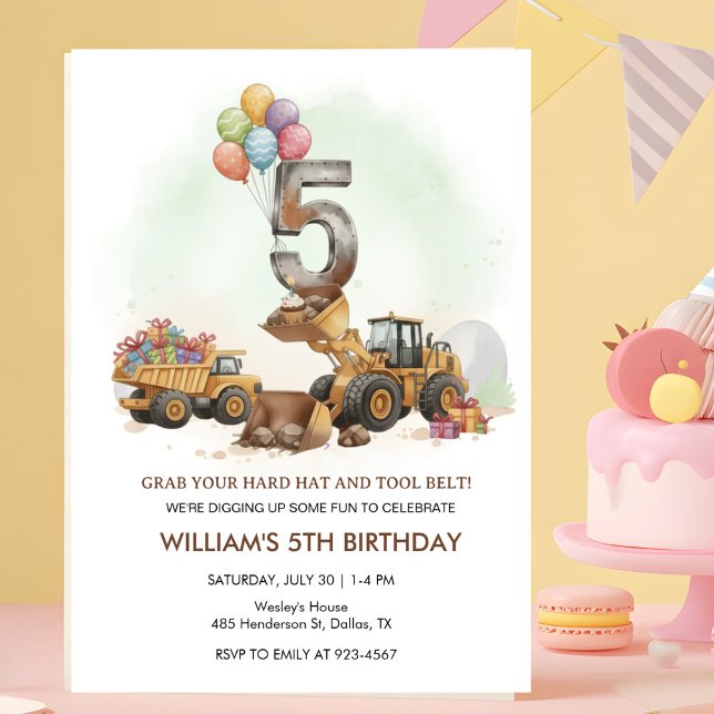 Construction Vehicles 5th Birthday Invitation  (Créateur téléchargé)