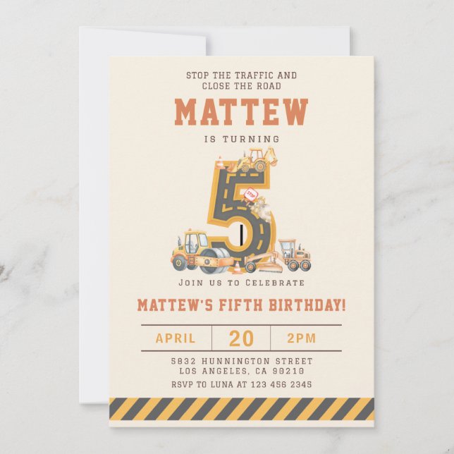Construction Vehicles 5th Birthday Invitation (Devant)