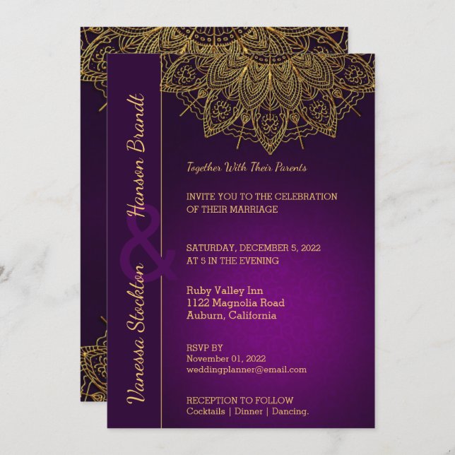 Contemporain Gold Mandala Faire-part de mariage (Devant / Derrière)