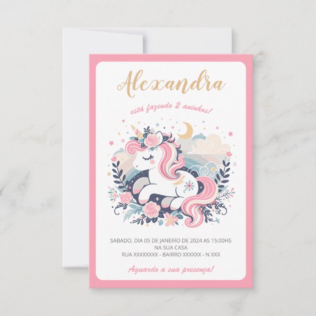 Convite Mágico Unicórnio Rosa em Português (Devant)