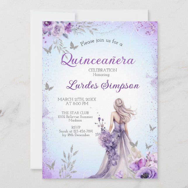 Convite  Quinceañera invitation Purple and Silver (Devant)