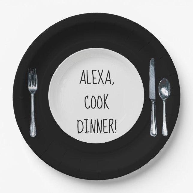 Cook Dinner Alexa commande sur une assiette blanch (Devant)