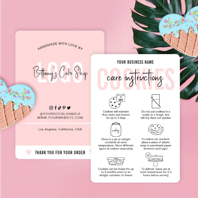 Cookies Instructions de soins Cartes Moderne Blush (Feminine pink and white cookies care cards and storage instructions cards for bakers)