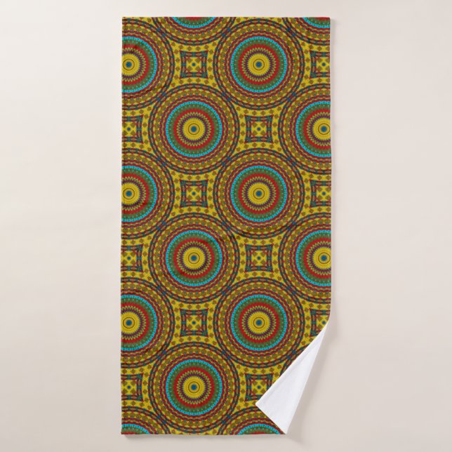 Cool bleu rouge jaune rétro géométrique ethnique T (Serviette de bain)