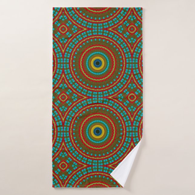 Cool bleu rouge jaune rétro géométrique ethnique T (Serviette de bain)