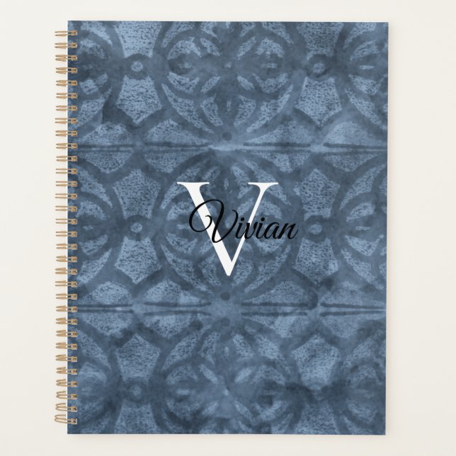 Cool Grey Batik Élégant Monogramme Nom Planificate (Devant)