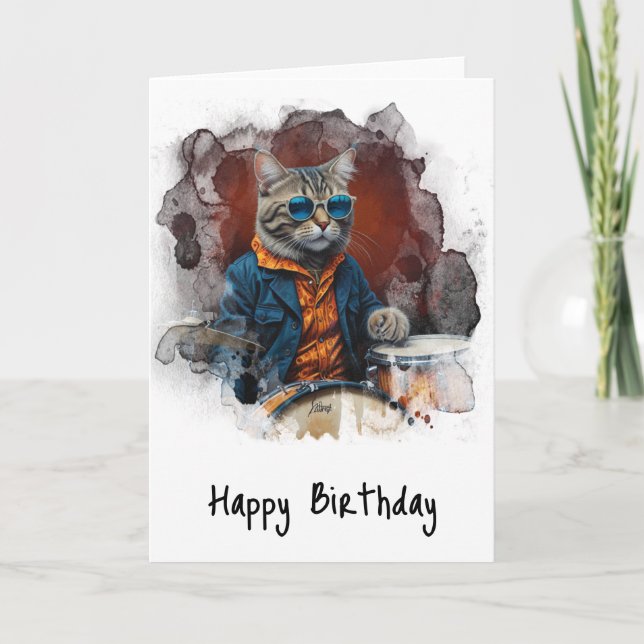 *~* Cool Hip Cat DRUMMER AP91 Carte d'anniversaire (Devant)