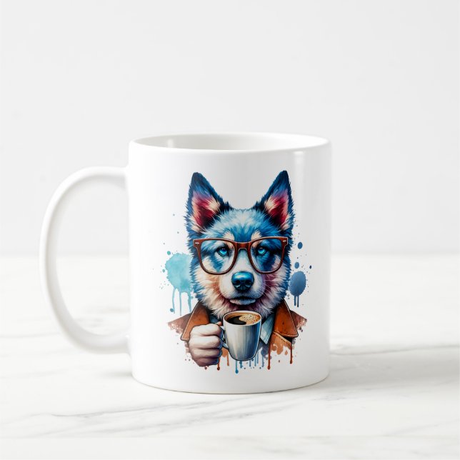 Cool Husky avec café - Hipster Dog Art Mug (Gauche)