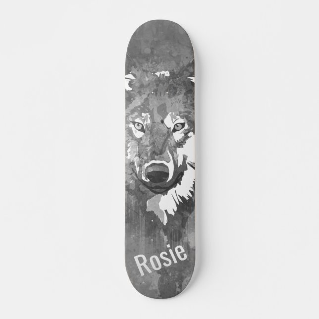 Cool moderne noir blanc aquarelle loup skateboard (Devant)