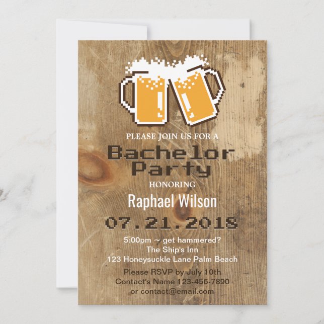 Cool Pixel Beers & Wood Bachelor Party Invitation (Devant)