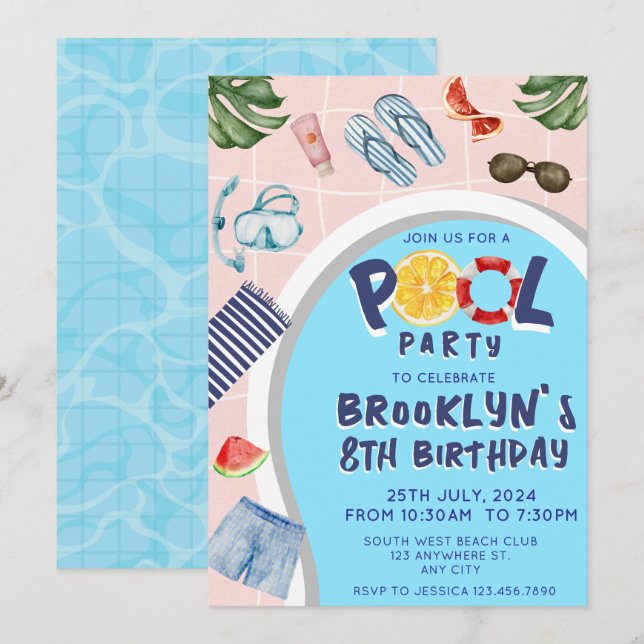 Cool Pool Party Anniversaire Invitation (Devant / Derrière)