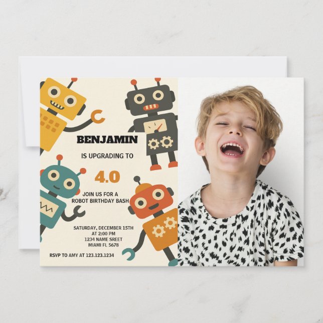 Cool Robot Invitation d'anniversaire avec photo (Devant)