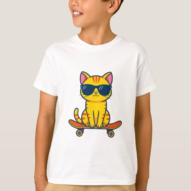 Cool Skateboarding Cat Kids T-Shirt – Fun Cartoon  (Devant)