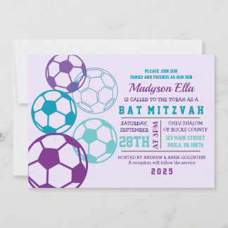COOL SOCCER Aqua Purple Bat mitzvah Invitation