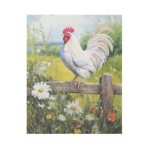 Coq blanc debout sur la clôture et les marguerites