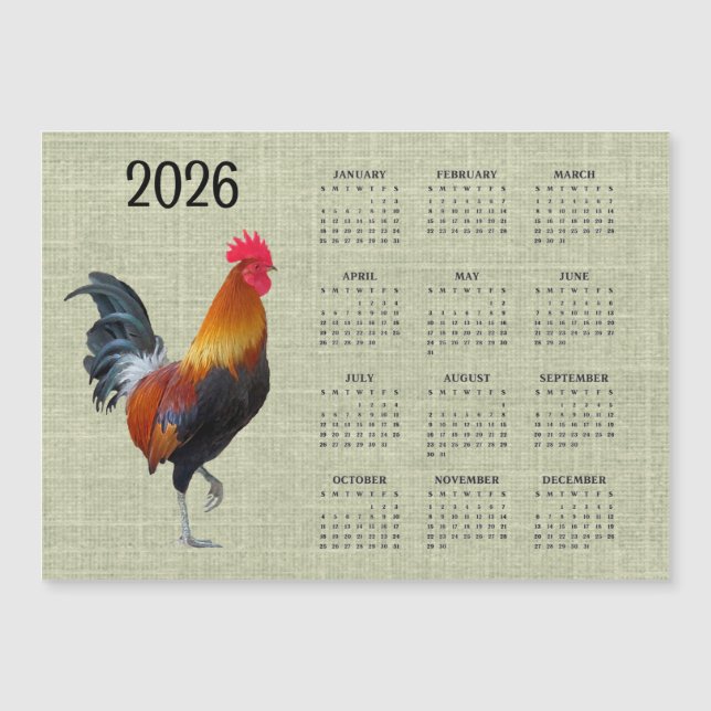 Coq Coloré Calendrier 2026 Carte Magnétique (Devant)