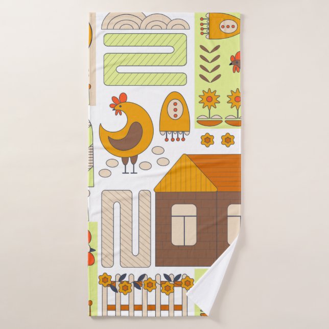 Coq et deux poules, oeufs, fleurs, maison, drawin (Serviette de bain)