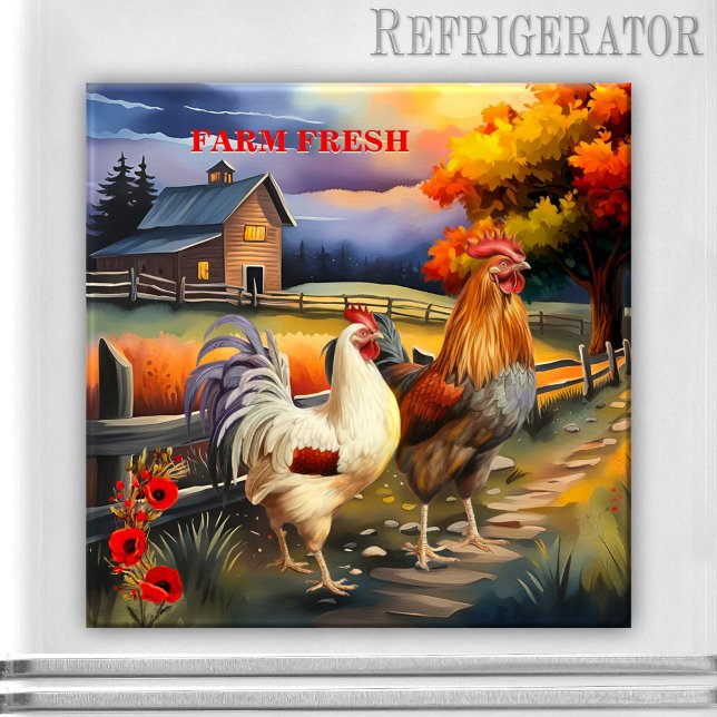 Coq Poulet de la ferme Pays Aimant de cuisine (Kitchen magnet featuring a colorful painting of a country farm scene with a rooster and chicken)