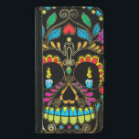 Coque Avec Portefeuille Pour Galaxy S5 Accents de Parties scintillant de crâne de sucre r<br><div class="desc">Cool coloré rétro sucre floral parties scintillant texture de crâne look avec des accents de tons or avec des bougies brûlantes pour les yeux. Arrière - plan noir</div>