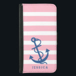 Coque Avec Portefeuille Pour Galaxy S5 Ancre de bateau bleu marine rose et blanc<br><div class="desc">Bandes blanches et rose clair motif avec illustration d'ancre marine bleu marine. monogramme personnalisable. Taille d'ancrage réglable.</div>