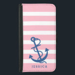 Coque Avec Portefeuille Pour Galaxy S5 Ancre de bateau bleu marine rose et blanc<br><div class="desc">Bandes blanches et rose clair motif avec illustration d'ancre marine bleu marine. monogramme personnalisable. Taille d'ancrage réglable.</div>