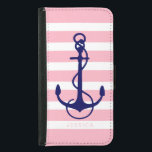 Coque Avec Portefeuille Pour Galaxy S5 Ancre de bateau bleu marine rose et blanc<br><div class="desc">Bandes blanches et rose clair motif avec ancre marine bleu marine bateau simple illustration. monogramme personnalisable en couleur de police rose suggérée. Taille d'ancrage réglable.</div>