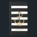 Coque Avec Portefeuille Pour Galaxy S5 Ancre de bateau nautique en or noir et blanc 2<br><div class="desc">Bandes blanches et noires motif avec illustration d'ancre de bateau nautique aux tons or. monogramme personnalisable. Taille d'ancrage réglable.</div>