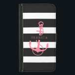 Coque Avec Portefeuille Pour Galaxy S5 Bandes et Ancre de bateau en noir blanc et rose<br><div class="desc">Elégant noir sur bandes blanches motif blanc couleur rose couleur ancre nautique. monogramme personnalisable.</div>