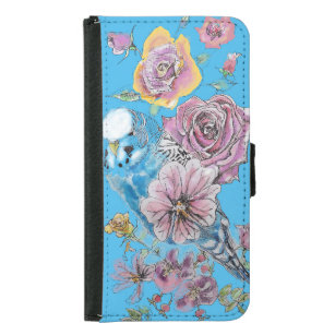 Coque Avec Portefeuille Pour Galaxy S5 Blue Budgie Watercolor floral Galaxy Téléphone Cas