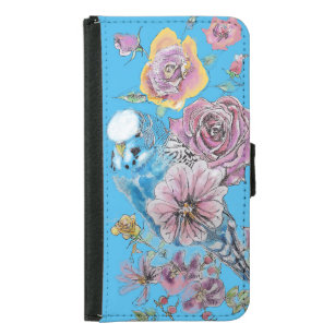 Coque Avec Portefeuille Pour Galaxy S5 Blue Budgie Watercolor iPhone floral