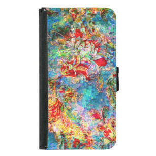 Coque Avec Portefeuille Pour Galaxy S5 Collage floral rustique rouge et bleu