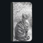 Coque Avec Portefeuille Pour Galaxy S5 Croquis d'encre de chat Tabby vintage<br><div class="desc">Un joli dessin vintage noir et blanc d'un chat tabby assis joliment et fièrement parmi quelques arbres et herbes. Dessiné dans un style d'esquisse à l'encre.</div>