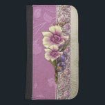 Coque Avec Portefeuille Pour Galaxy S4 Élégant Lilac Damask Embossé<br><div class="desc">Joli damas lilas et argent gaufrés avec une bordure fleurie ornée et fleurs tropicales vectorielles en lilas et ivoire. Note : Sculpté,  gravé,  gaufré et les effets dimensionnels,  l'aspect stratifié,  vieilli ou érodé,  les textures et les ombres réalisées numériquement. Le produit réel a une surface plane.</div>
