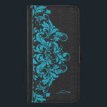 Coque Avec Portefeuille Pour Galaxy S5 Elégante dentelle florale Turquoise & Black Girly<br><div class="desc">Elégante dentelle florale vintage en turquoise sur damas noir arrière - plan. monogramme personnalisé et optionnel. Si vous avez besoin d'aide pour customiser, changer de couleur ou autre chose à l'un de mes designs, contactez le concepteur ArtOnWear. Mise en forme de texte gratuite avec aide en direct disponible sur demande....</div>