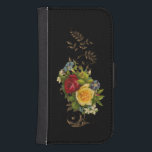 Coque Avec Portefeuille Pour Galaxy S4 Fleurs élégantes et rouleaux d'or<br><div class="desc">Des couleurs riches de roses jaunes et rouges,  des fleurs assorties de fleurs blanches et bleues avec des feuilles d'or et des rouleaux sur un arrière - plan noir.</div>
