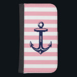 Coque Avec Portefeuille Pour Galaxy S4 Monogramme Bleu Ancre nautique Pastel rose bande<br><div class="desc">Design élégant avec ancre de bateau bleu et blanc avec arrière - plan rose pastel et rayures blanches. monogramme facultatif.</div>