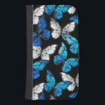 Coque Avec Portefeuille Pour Galaxy S4 Motif sans couleur foncée avec papillons bleus Mor<br><div class="desc">Des papillons réalistes,  bleus et blancs sans couture motif sur arrière - plan noir.</div>