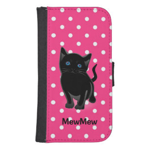 Coque Avec Portefeuille Pour Galaxy S4 Noir Kitty et Pois Samsung S4 Wallet Case