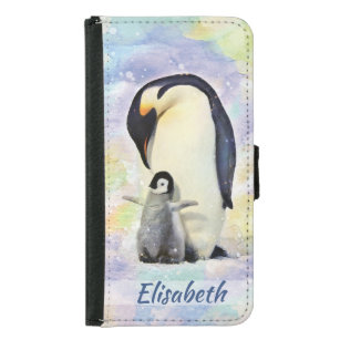 Coque Avec Portefeuille Pour Galaxy S5 Pingouin d'empereur avec l'aquarelle de poussin de