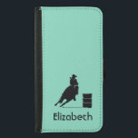 Coque Avec Portefeuille Pour Galaxy S5 Thème Rodéo Personnalisé Cowgirl Barrel Racer<br><div class="desc">Silhouette d'une cowgirl sportive course en baril avec son cheval. Illustration passionnante d'action rodéo. L'Arrière - plan est de couleur vert menthe. Idéal pour les amateurs de rodéo et de chevaux. Personnalisez avec un nom.</div>