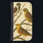 Coque Avec Portefeuille Pour Galaxy S4 Trois oiseaux domestiques perchés sur une branche<br><div class="desc">L'artiste W. Rutledge saisit parfaitement les couleurs vives de ces oiseaux domestiques. Obtenez cette peinture simple mais joliment réaliste. Vue latérale de deux oiseaux jaunes et d'un oiseau plus foncé sur une branche et regardant dans des directions différentes.</div>