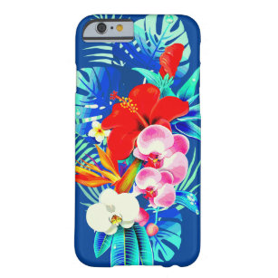 Coque Barely There iPhone 6 Feuille de palmier d'orchidée tropicale bleu flora