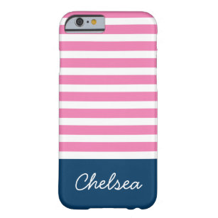 Coque Barely There iPhone 6 Stylé rose rayures Nom bleu
