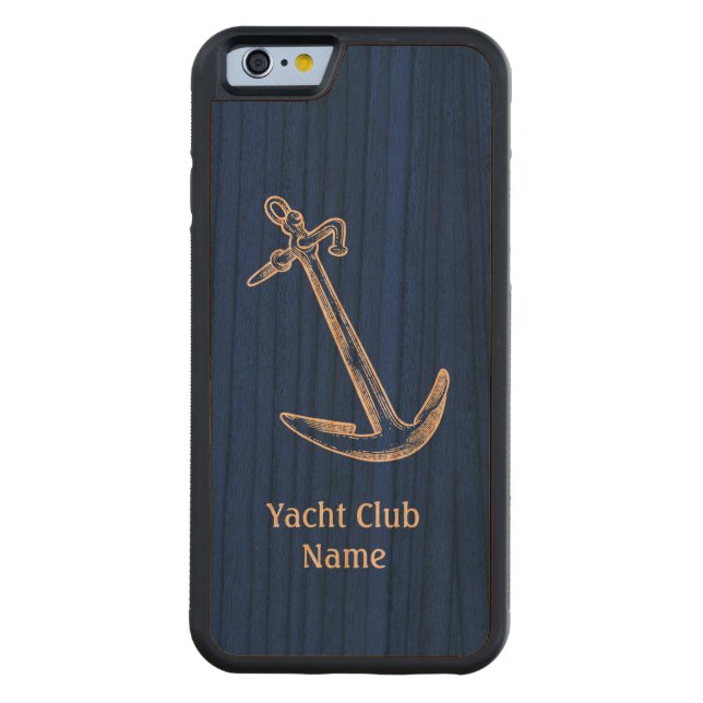 Coque Carved En Bois Pour iPhone Ancre Yacht Club Nom Modèle Blue Wood (Dos)