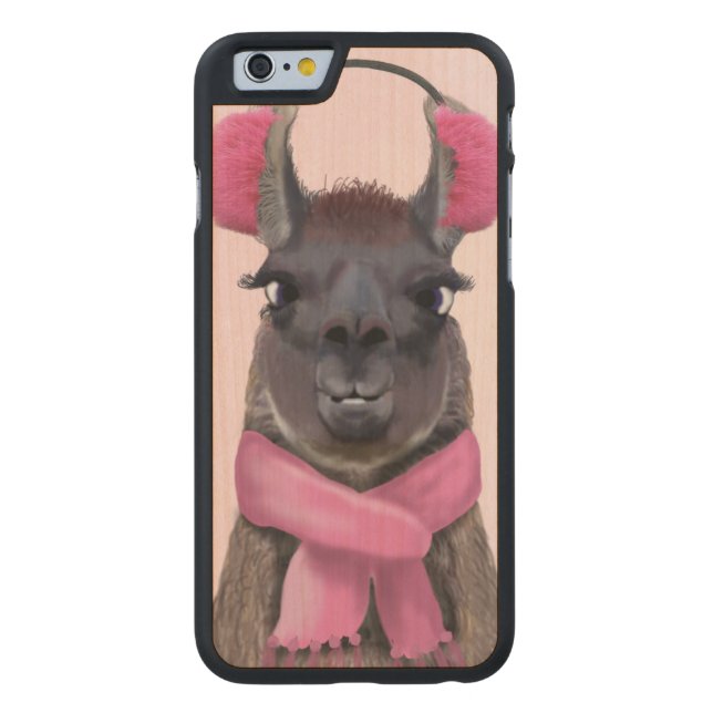 Coque Carved En Bois Pour iPhone Llama rose (Dos)